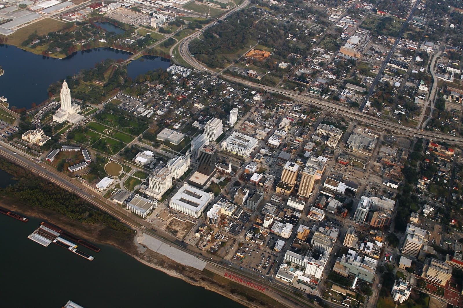 Downtown Baton Rouge, the Louisiana State Capitol, and Mississippi River